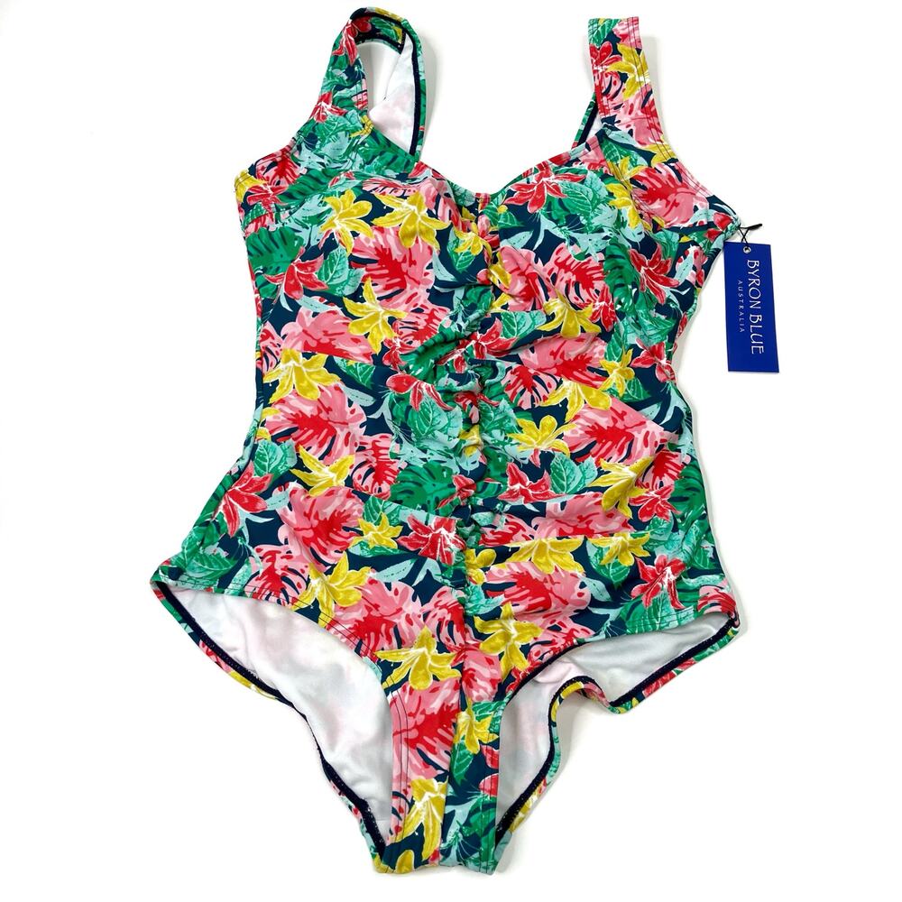 Byron Blue Australia Floral Black Tahiti Womens 14 One Piece Swimsuit Modest